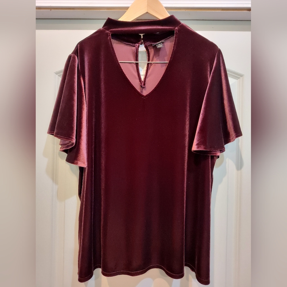 Chic Velvet Choker V-Neck Flutter Sleeve Blouse in Rich Burgundy Victorian